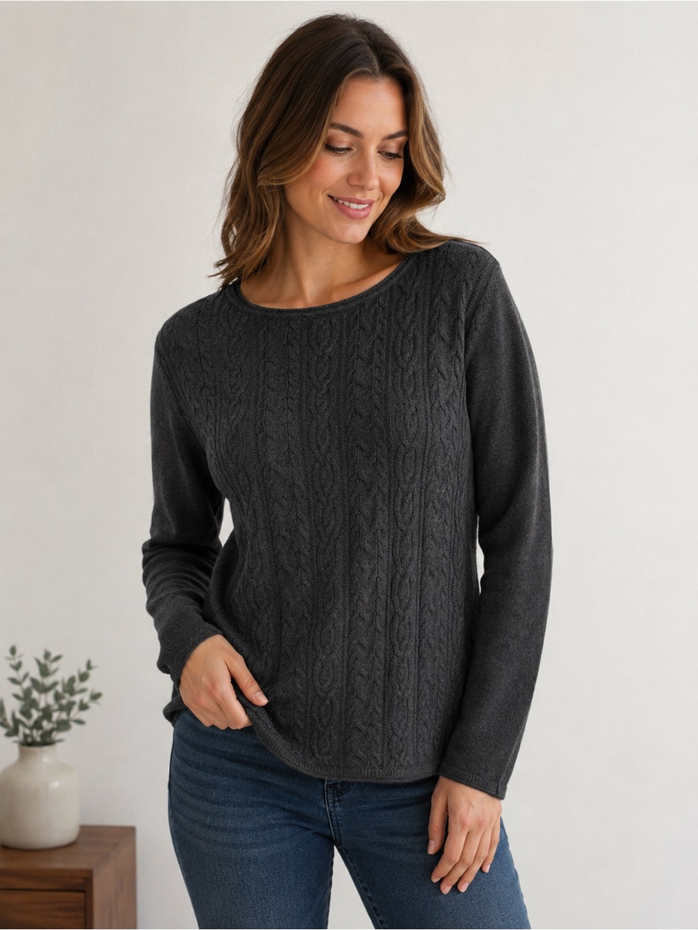 Karen Scott 100% Cotton Cable Knit Sweater Charcoal Gray Size L